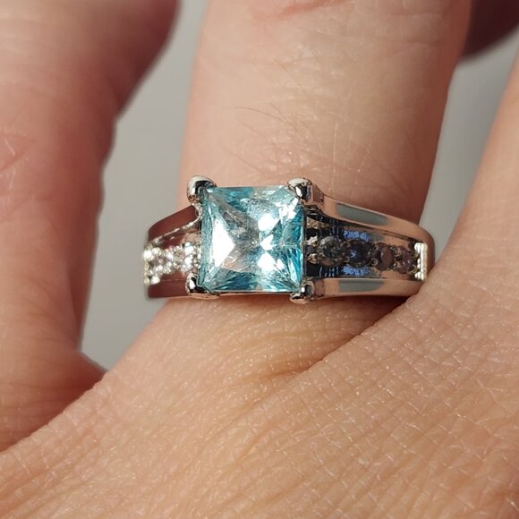 VTG 18K 925 Natural Square Princess Cut Swiss Blue Clean Thick Band Ring Sz 5 - Picture 13 of 16